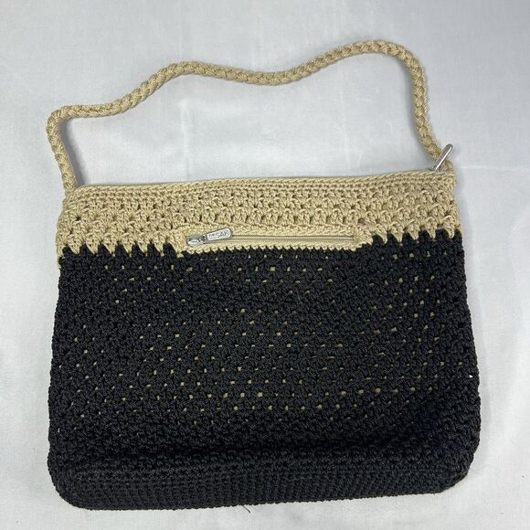 THE SAK BLACK WITH BEIGE WOVEN SHOULDER BAG EXCELLENT CONDITION - Picture 1 of 8